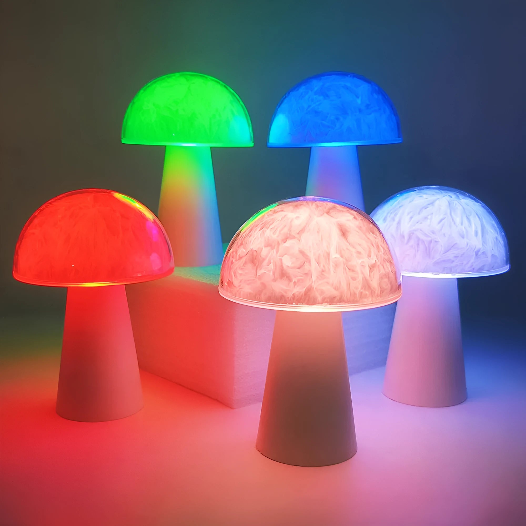 Mushroom-shaped night light with remote control showing RGB colour-changing illumination