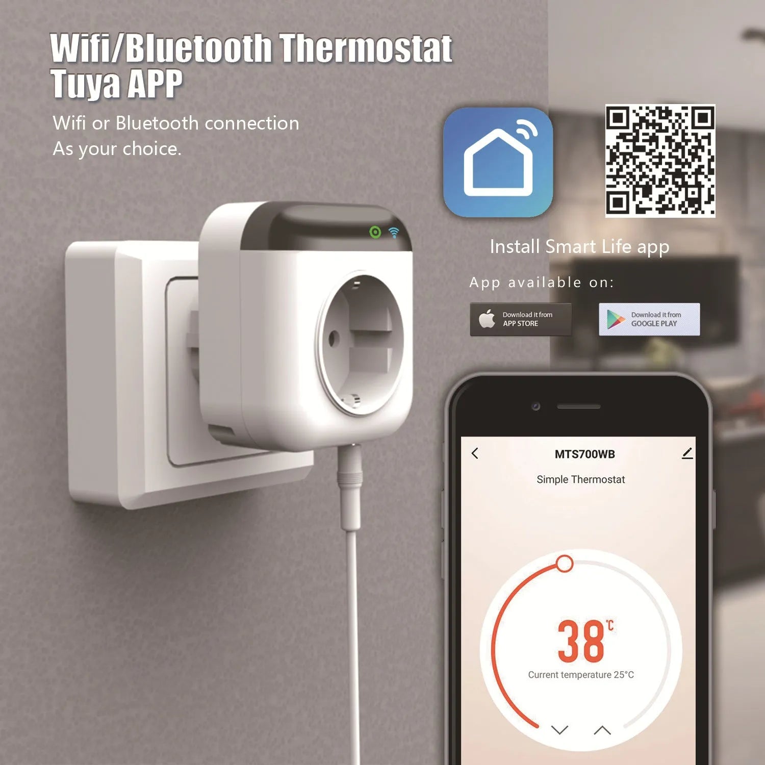 White Tuya smart temperature control switch socket for US outlets with a temperature sensor probe.