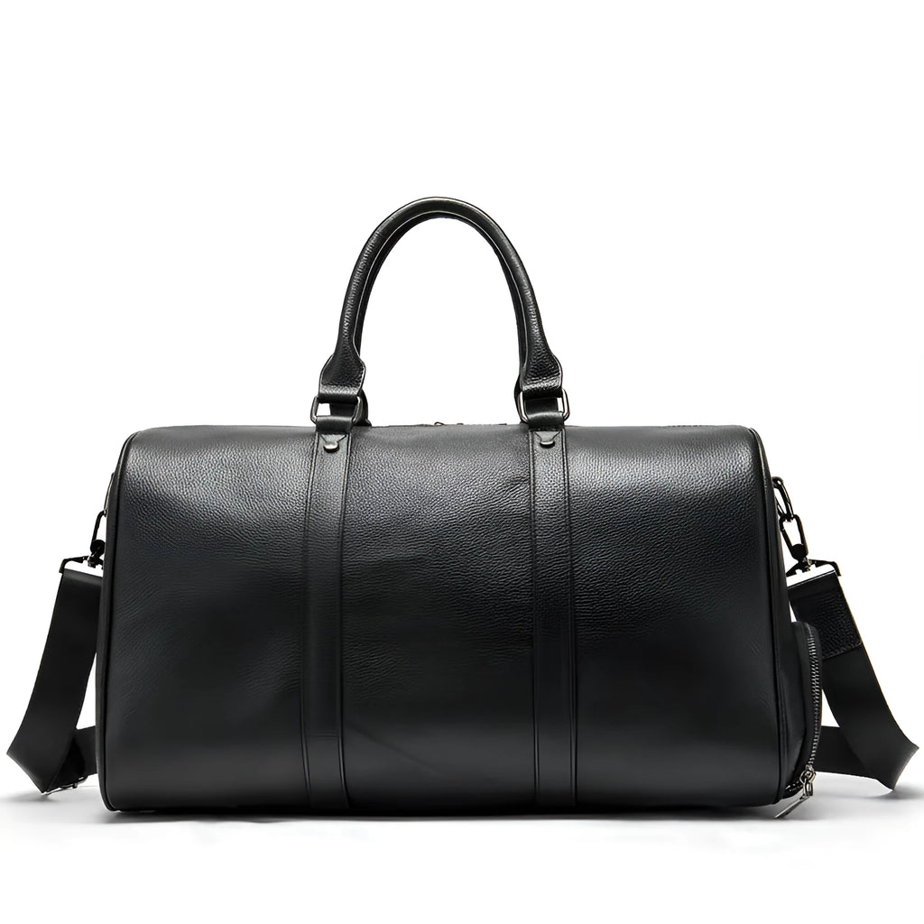 Men's black and coffee leather tote bag with single strap in 44cm and 55cm sizes.