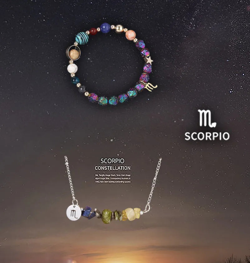 Natural stone necklace and bracelet set on display showing zodiac sign style options