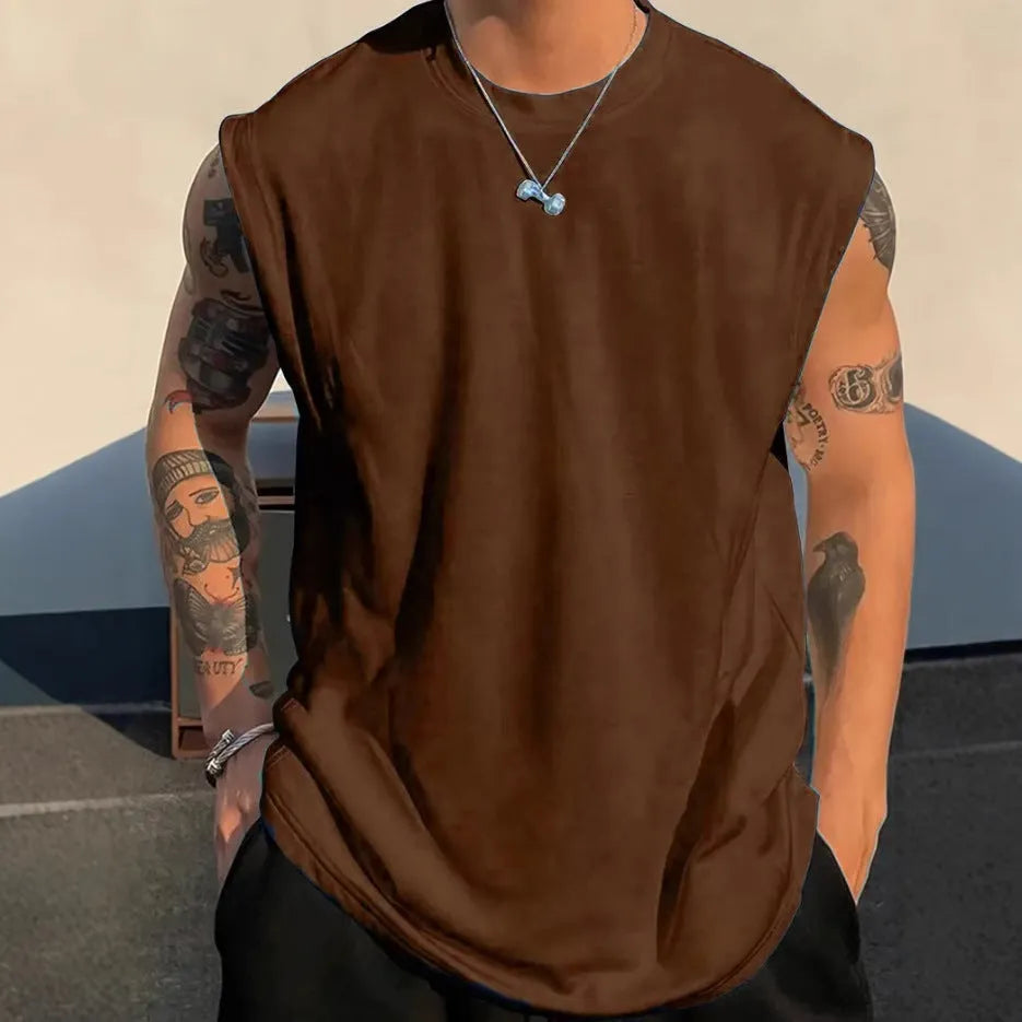 Men's loose fit sleeveless cotton tank top in solid colour on a hanger