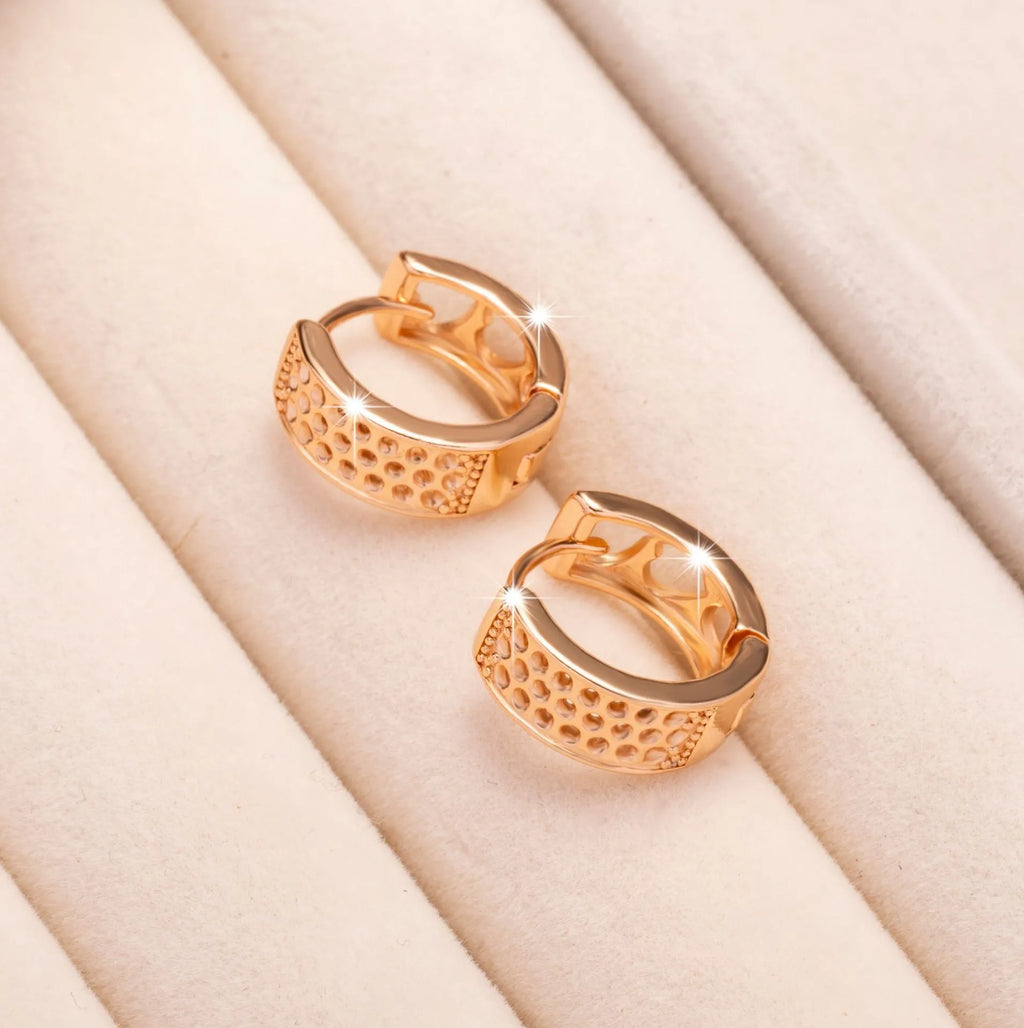 Rose gold women's earrings with hollowed out heart design in circular frame