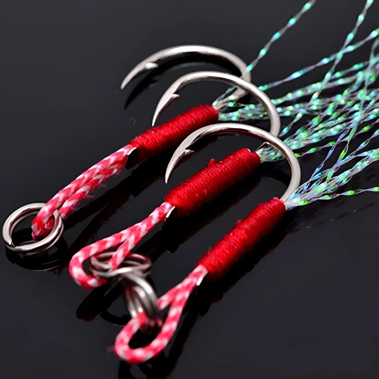 Single fishing hook made of bright wire iron plate on a blue background, sizes No. 9 to No. 14.