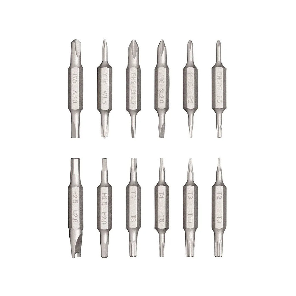 24-in-1 aluminium alloy repair screwdriver set with magnetic bit storage in black, green, or red.