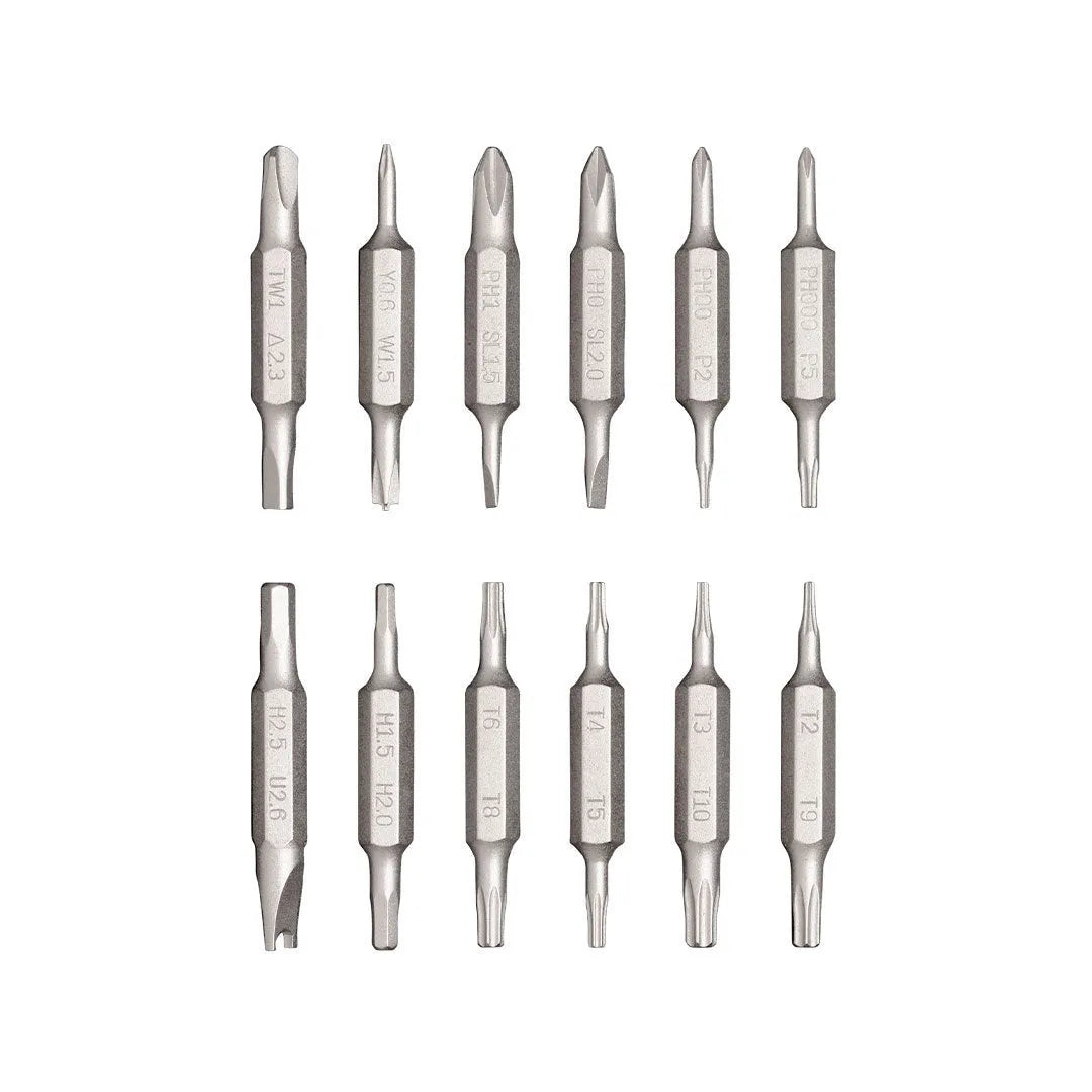 24-in-1 aluminium alloy repair screwdriver set with magnetic bit storage in black, green, or red.