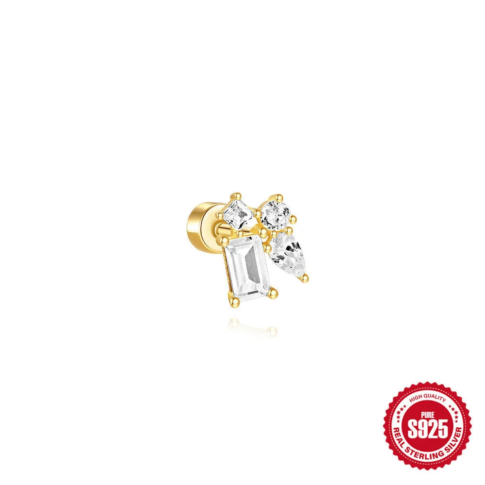 S925 sterling silver geometric flat column thread ear bone studs in gold plating.