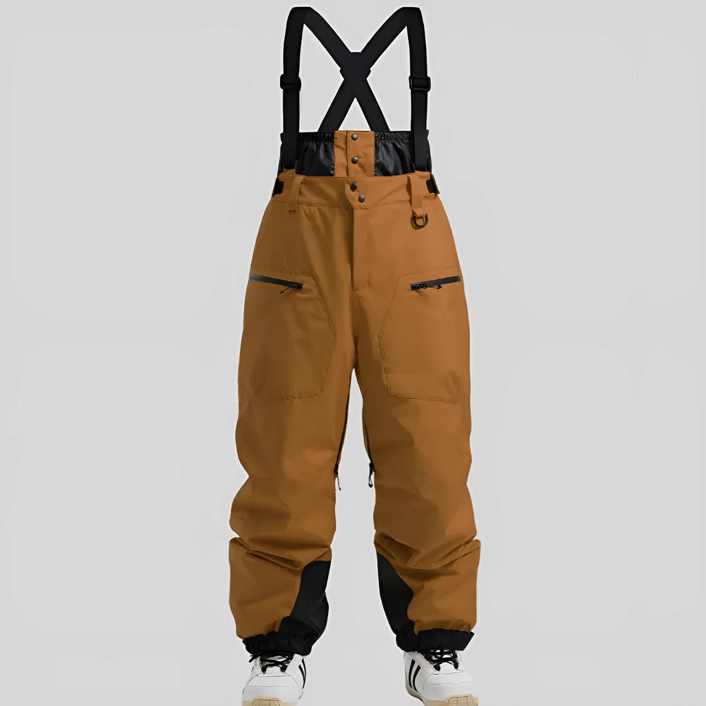 Men's black waterproof ski trousers with thickened straps and flame-retardant linen fabric.