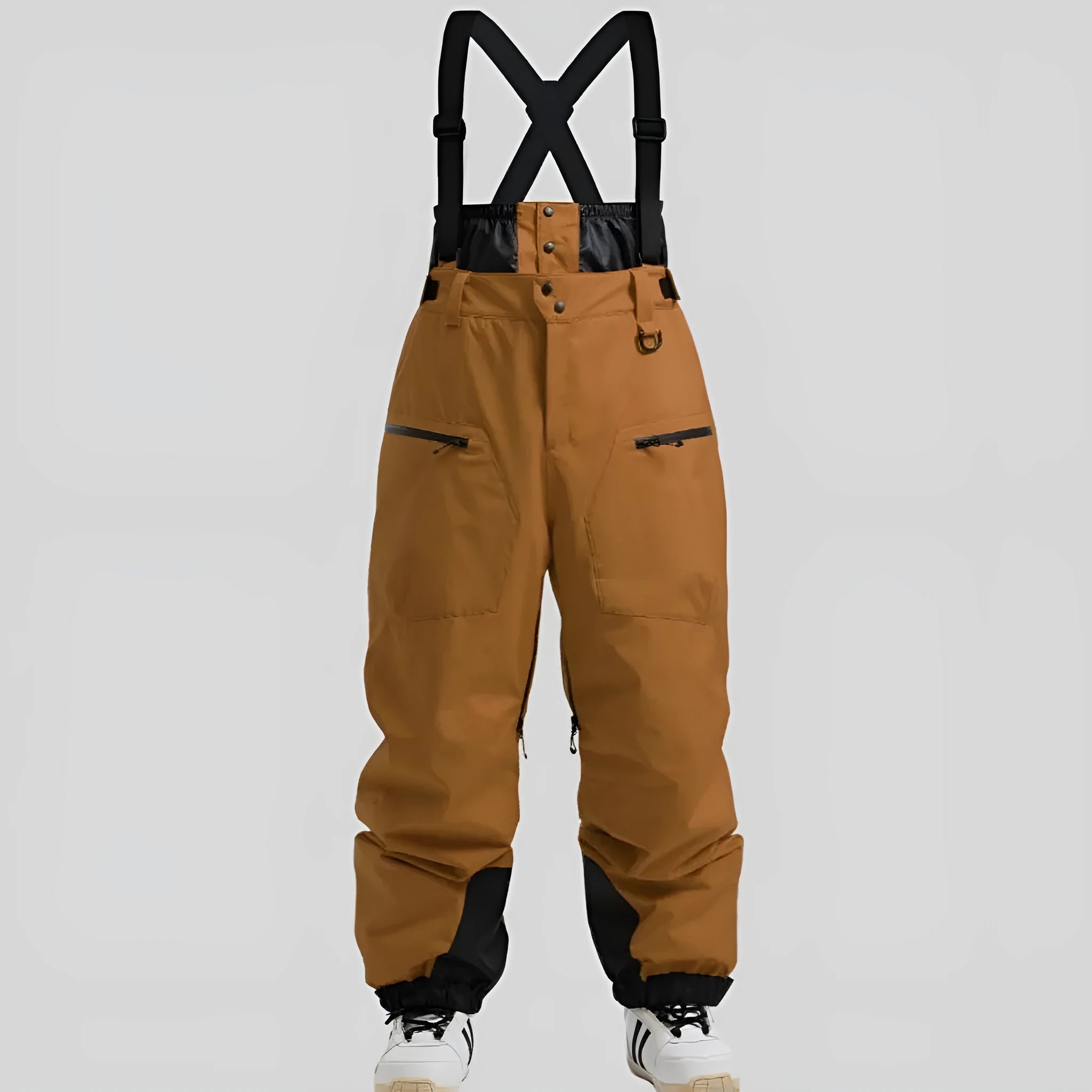 Men's black waterproof ski trousers with thickened straps and flame-retardant linen fabric.