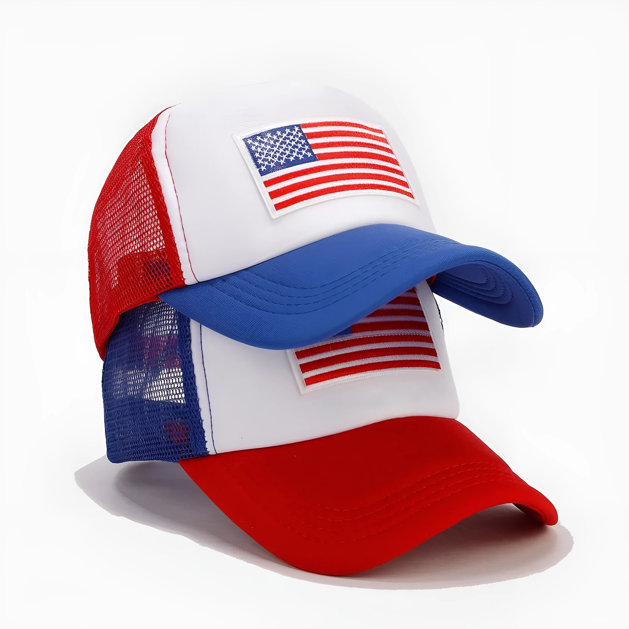 Red and blue Space Cotton mesh baseball cap with adjustable sizing and dome crown