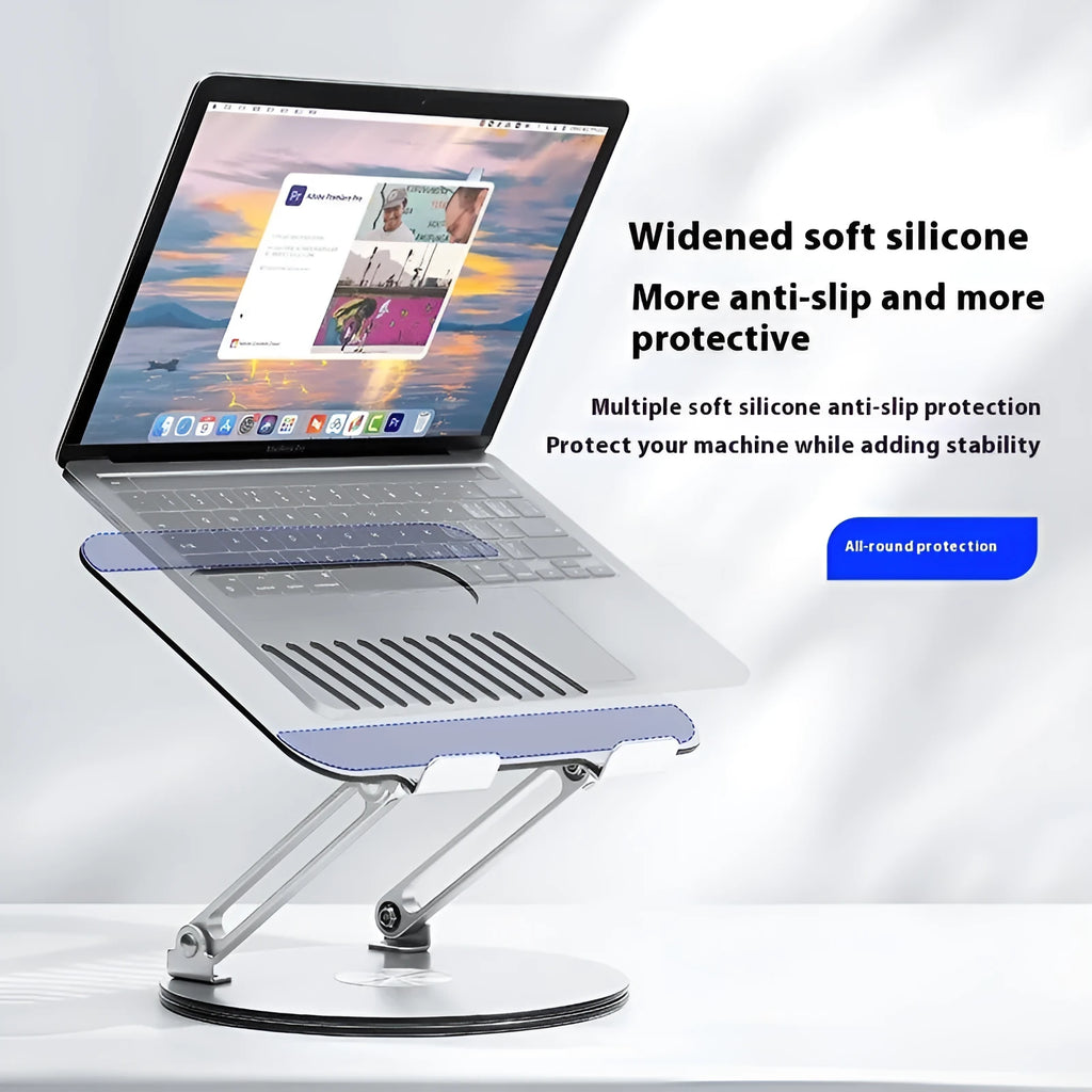 Silver aluminium alloy laptop stand shown in an adjustable, rotatable, and folded position