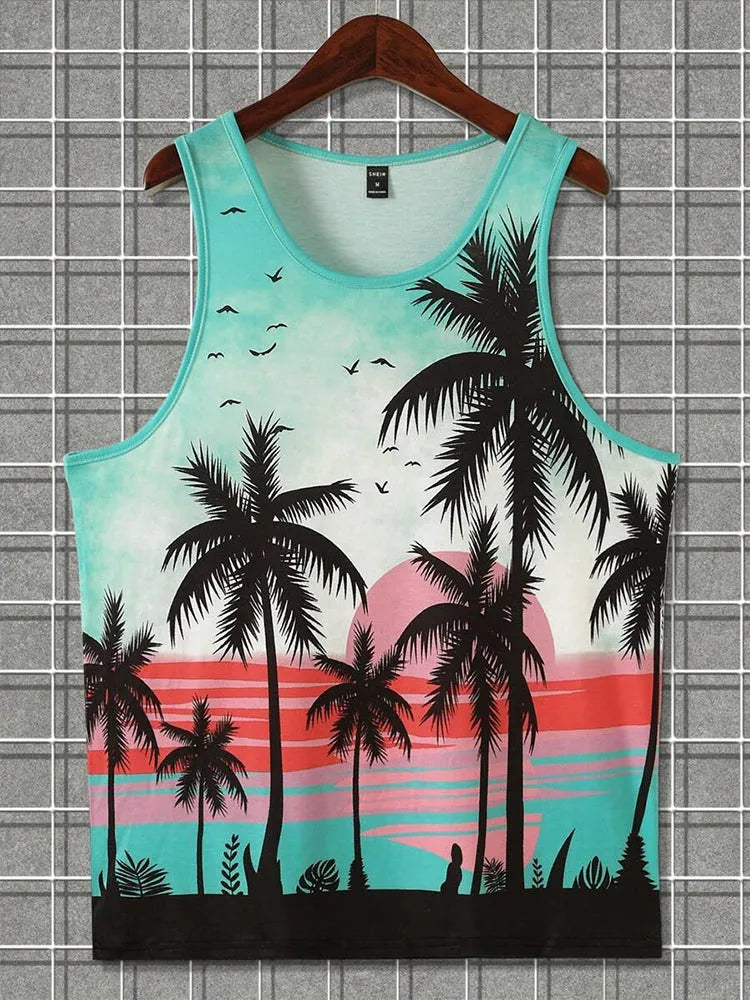 Men's 3D printed Hawaiian pattern sleeveless vest in polyester fabric