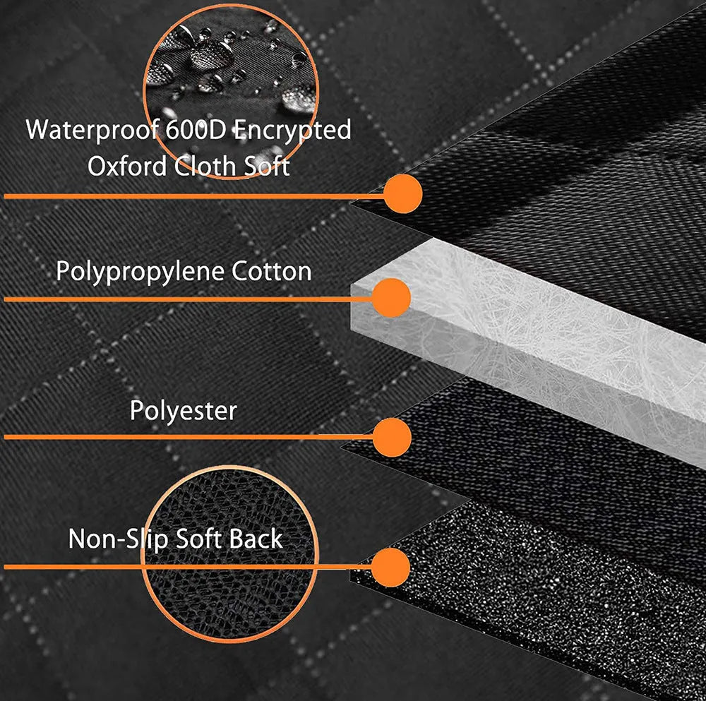 Black and orange edged waterproof dog car seat cover laid out, showing mesh window and storage pockets.