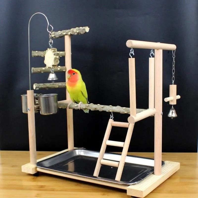 Natural pepper wood parrot play stand with multiple perches and an attached toy rack.