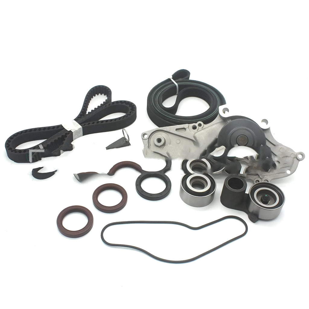 Belt and water pump assembly kit with metal automotive cooling system components