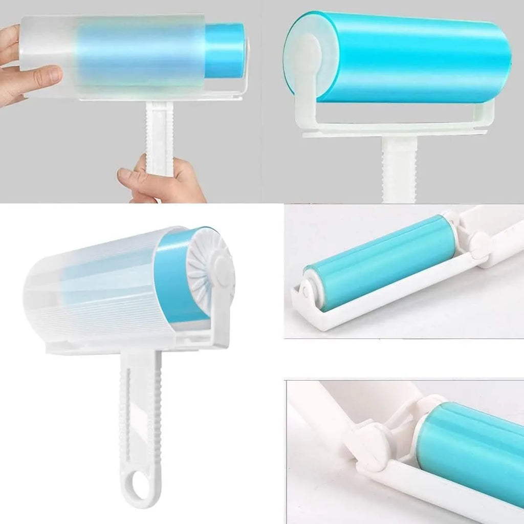 Washable reusable lint roller for pet hair removal in blue, green, pink and yellow colours with protective cover