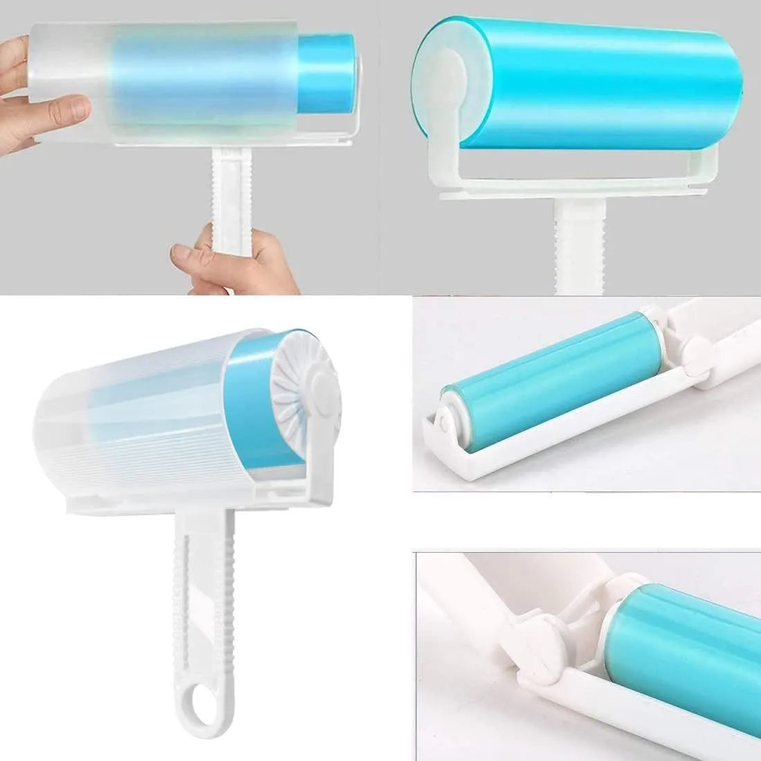 Washable reusable lint roller for pet hair removal in blue, green, pink and yellow colours with protective cover