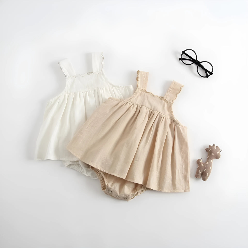 Baby romper princess dress jumpsuit in cotton, sleeveless, brown and white options for summer