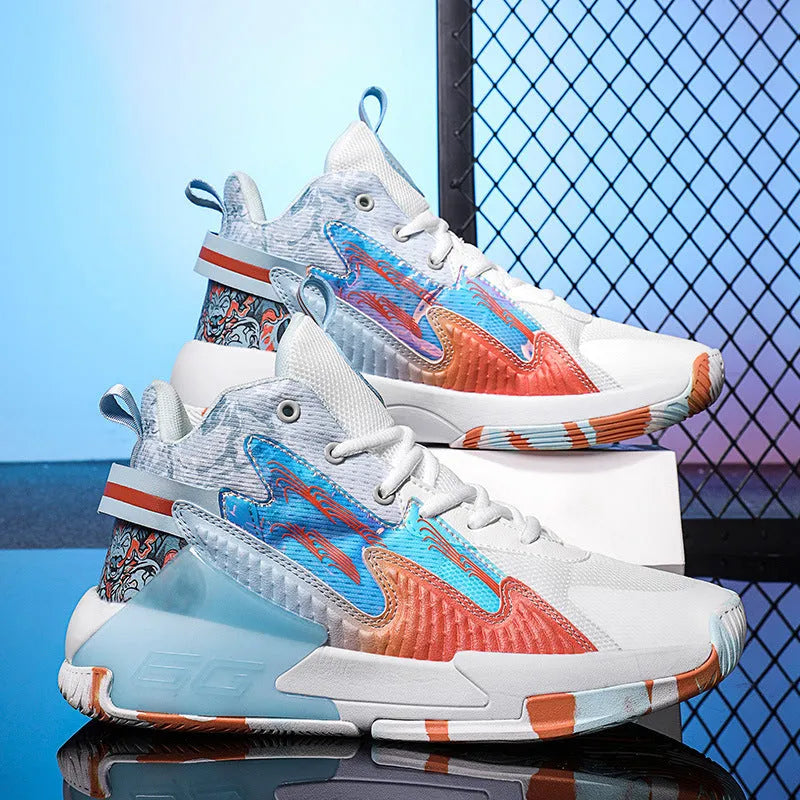 Luminous high-top basketball shoes with graffiti pattern, mesh upper, and rubber outsole available in various colours