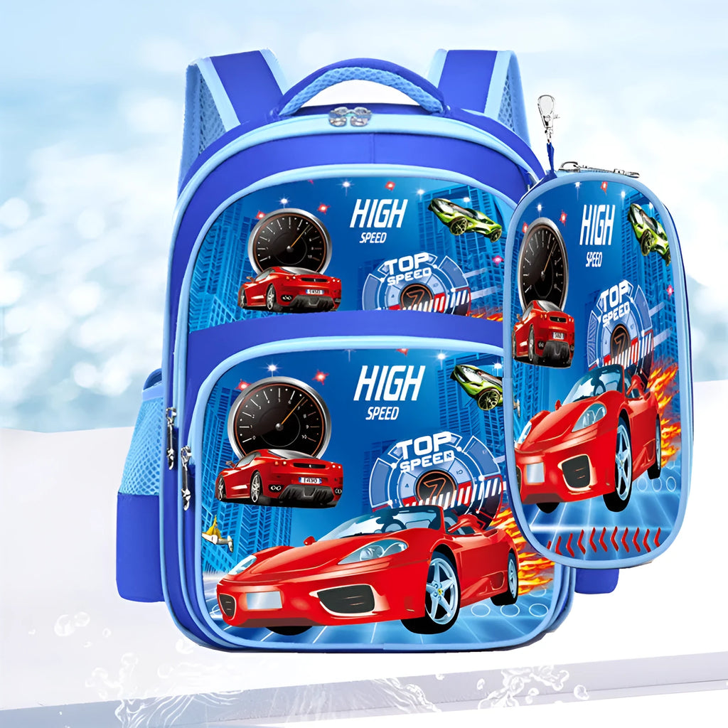 Blue children's school backpack with anime cartoon printing showing front pocket and shoulder straps