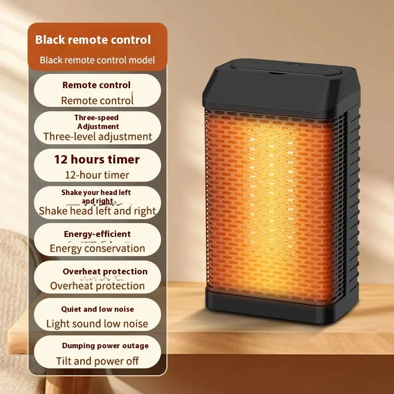 Black remote control desktop warm air blower heater with shaking head, dimensions 14.5x10x26cm