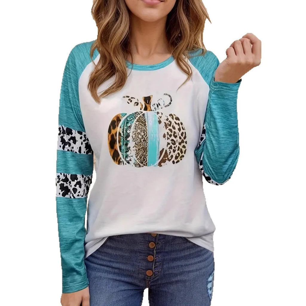 Sky blue Halloween pumpkin 3D printed casual T-shirt with long sleeves