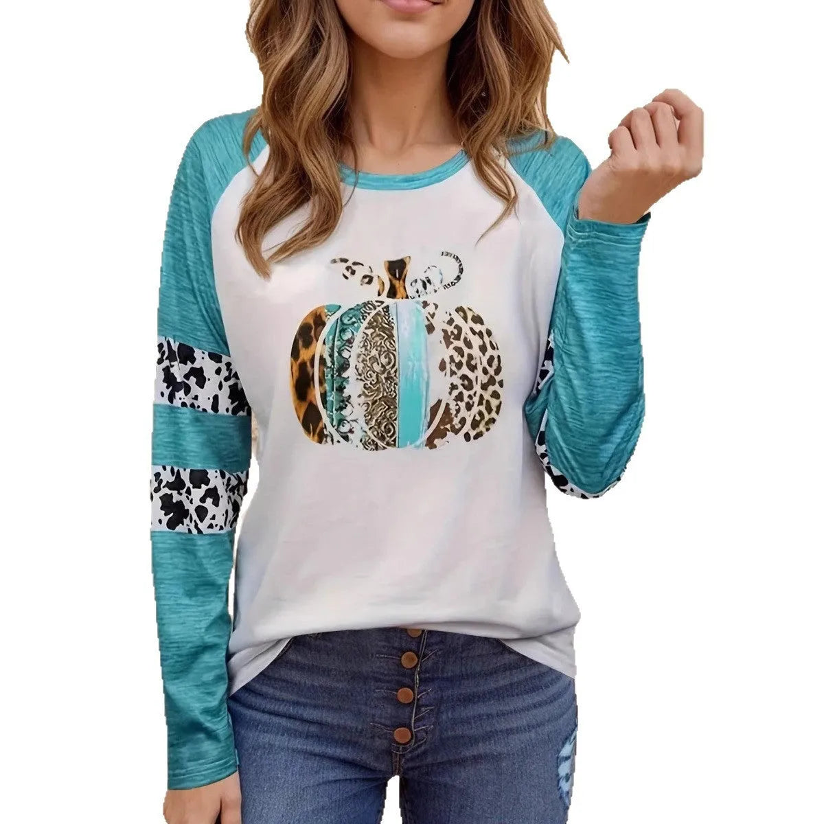 Sky blue Halloween pumpkin 3D printed casual T-shirt with long sleeves