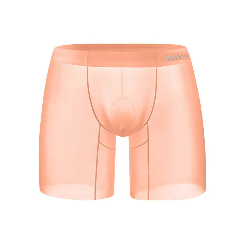 Men's ice silk boxer shorts in orange, pink, and red colours with low-waist design