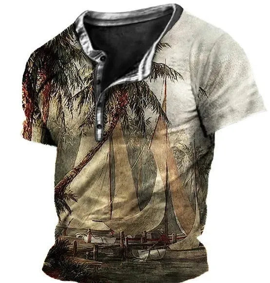 Men's simple lapel button short sleeve sport shirt in polyester fabric on a model.