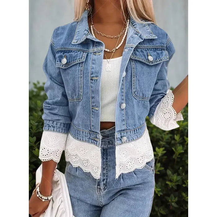 Blue women's denim jacket with decorative lace stitching on the front and sleeves.