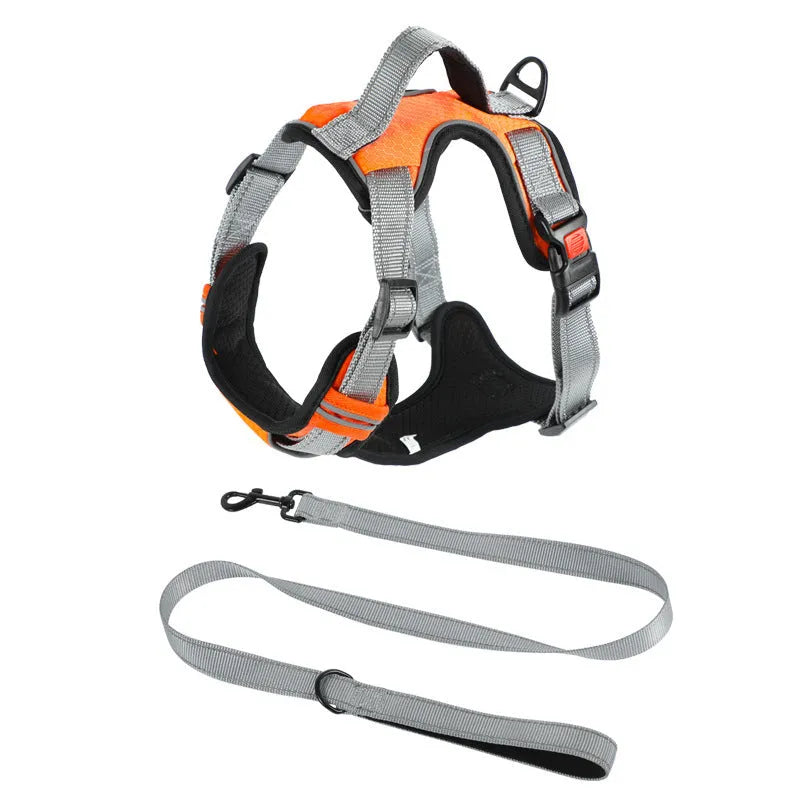 Polyester dog vest harness with chest strap and hand holding rope attachment in various colours