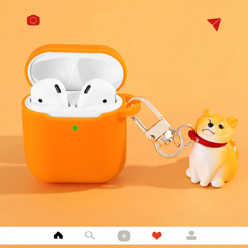 Yellow Shiba Inu pendant silicone AirPods case with refusal dog design on a white background