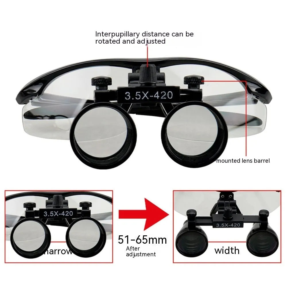 Black head-mounted LED magnifying glass for dental work with 2.5X magnification and adjustable headlight