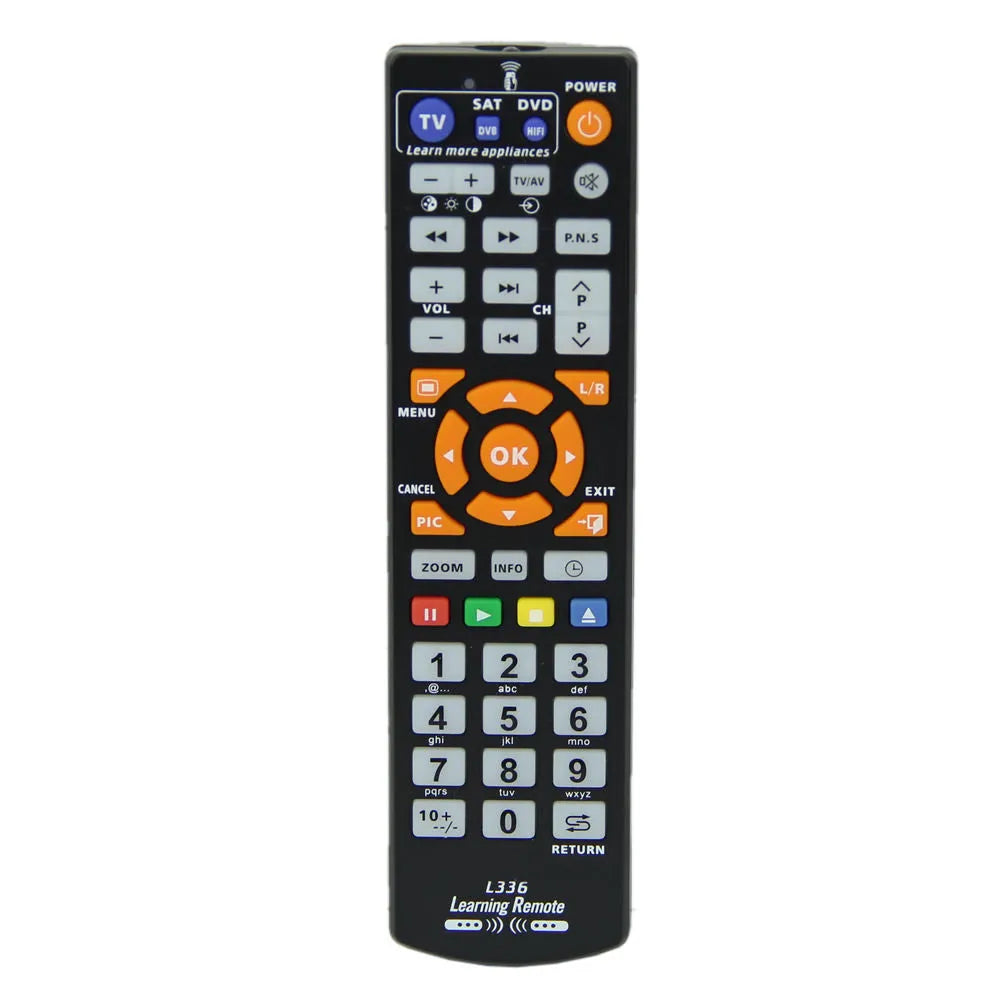 Black L336 learning remote control with full key layout for universal audio equipment programming