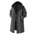 Men's solid color large size mid-length hooded trench coat in black, front view, standing on plain background