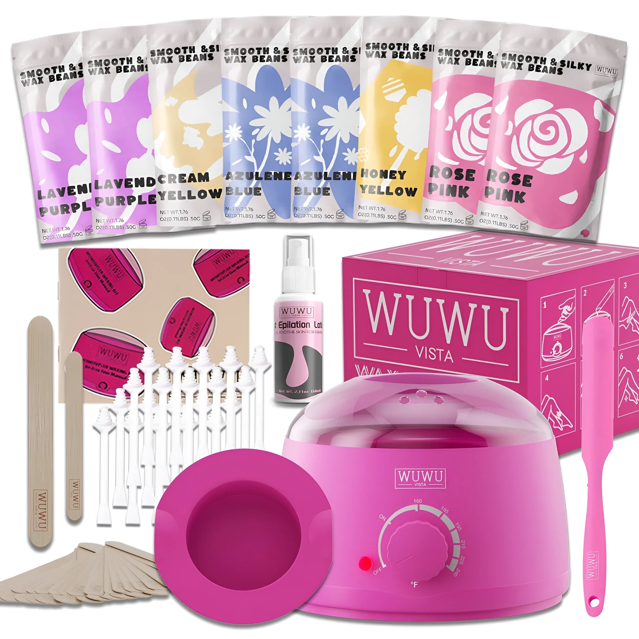 WUWUVISTA 63-piece waxing kit with black wax warmer, wax beans, silicone tools, and wax sticks