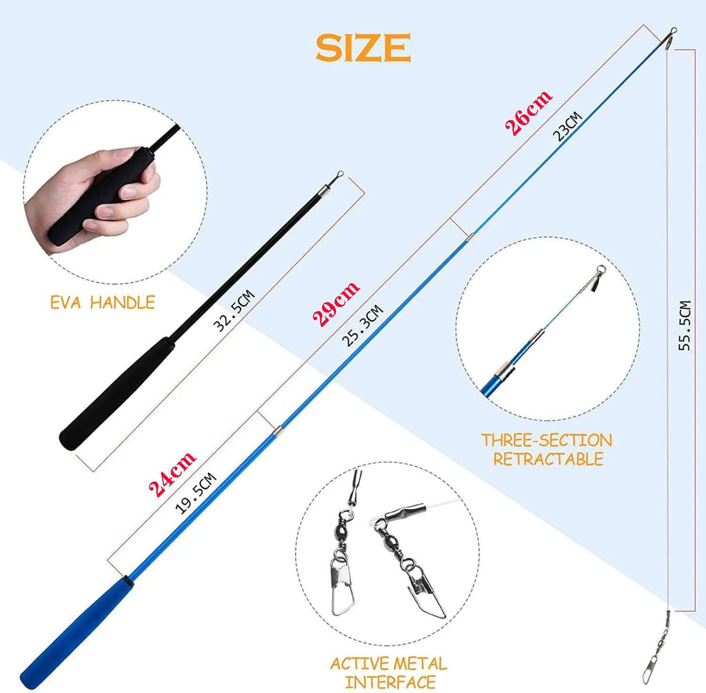 Cat feather teaser wand set showing two telescopic poles with replaceable feather attachments