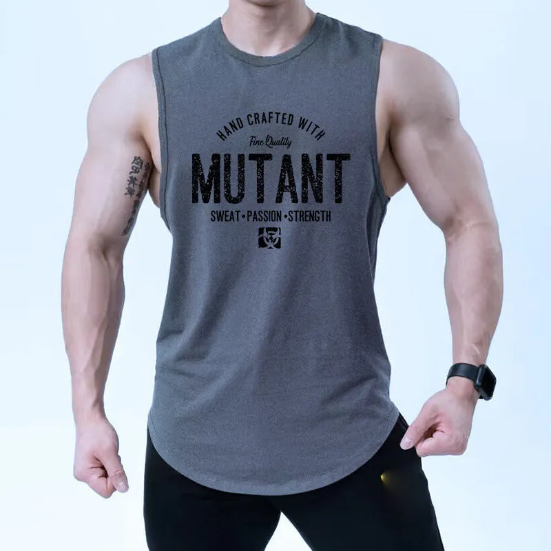 Loose grey polyester fitness vest sleeveless shirt on a hanger, showing its waistcoat design.