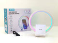 White square Bluetooth speaker with wireless charging pad and ambient LED light on top