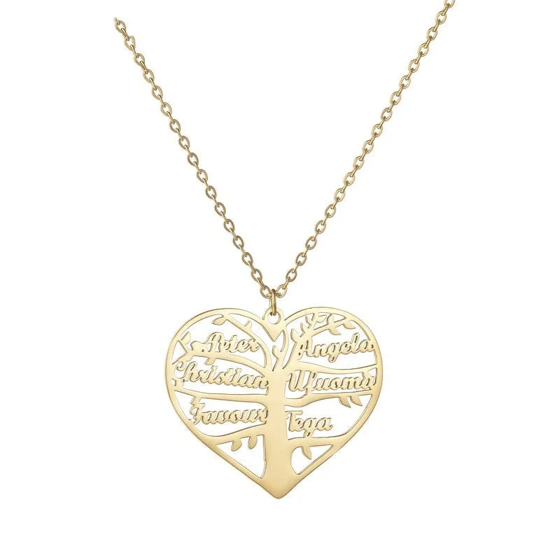 Custom stainless steel name necklace with hollow heart pendant showing engraved names in a family tree design.