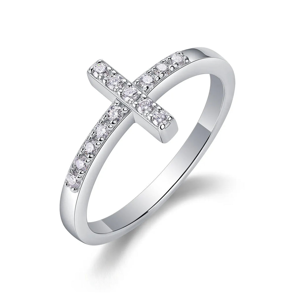 The Holy Light Cross wedding ring set with moissanite stone in gold-plated S925 silver on gift box