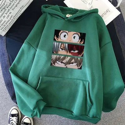 Unisex loose hoodie sweater with three eyes print in black, long sleeves, polyester fabric, front view