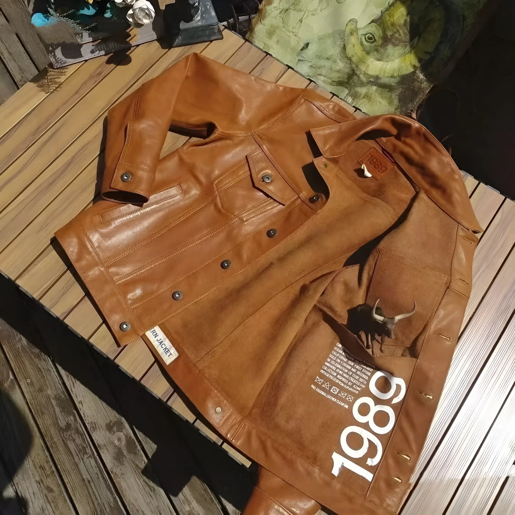 Men's cowhide leather jacket western cowboy retro workwear no lining short length black coffee