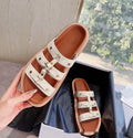 Women's white patent leather Roman sandal slippers with sheepskin upper