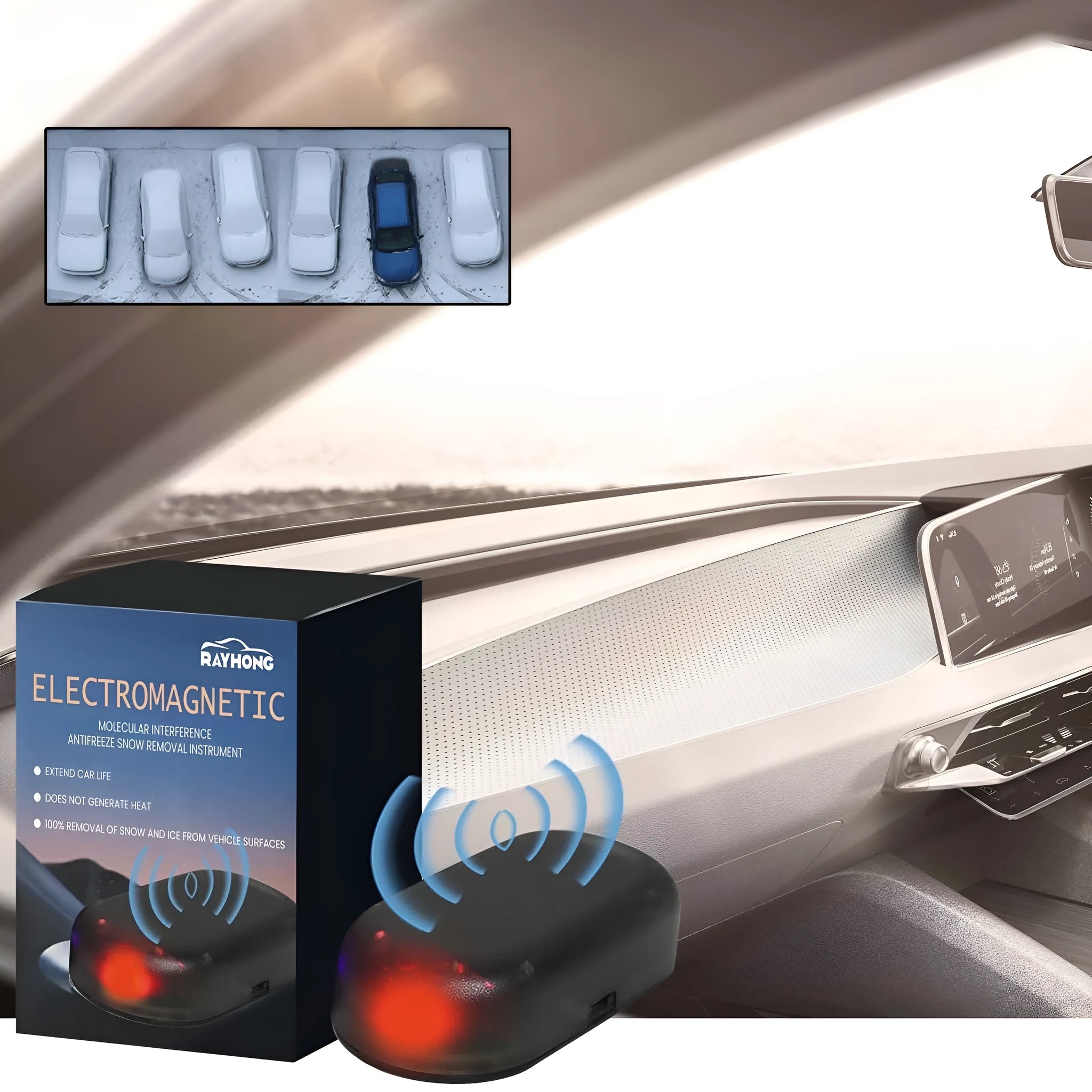 Black handheld car deicing tool with special glass component on a white background.