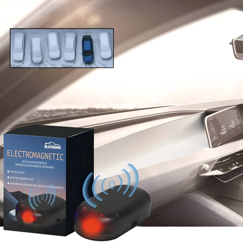 Black handheld car deicing tool with special glass component on a white background.
