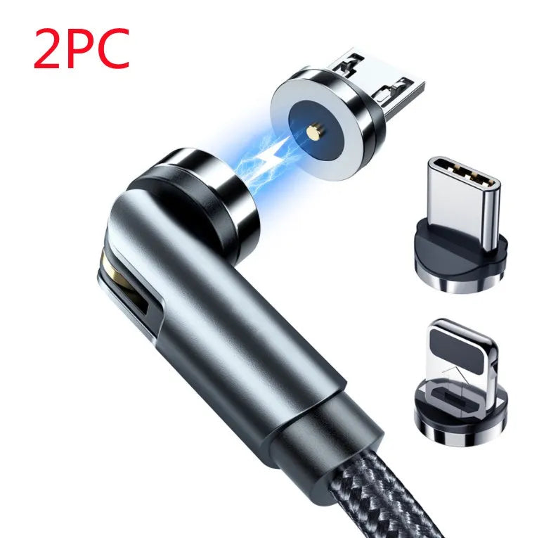 Essager black magnetic USB cable with rotating connector and blue LED light, shown next to phone