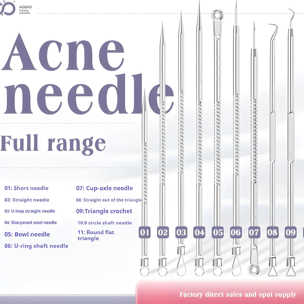 Four-piece silver metal acne needle set with fine-pointed needles and a clip for skin blemish removal.
