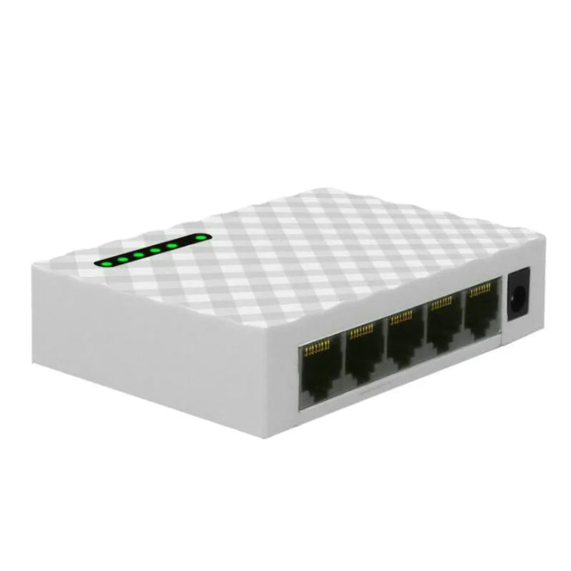 5-port Gigabit Ethernet home switch in black EU standard with LED indicators and network ports