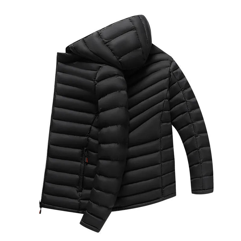 Men's lightweight black down jacket with a hood and detachable collar, showing zipper and pocket detail.