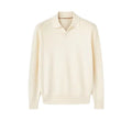 Pure wool lapel collar polo sweater in loose fit pullover style, available in Milky White or Navy Blue